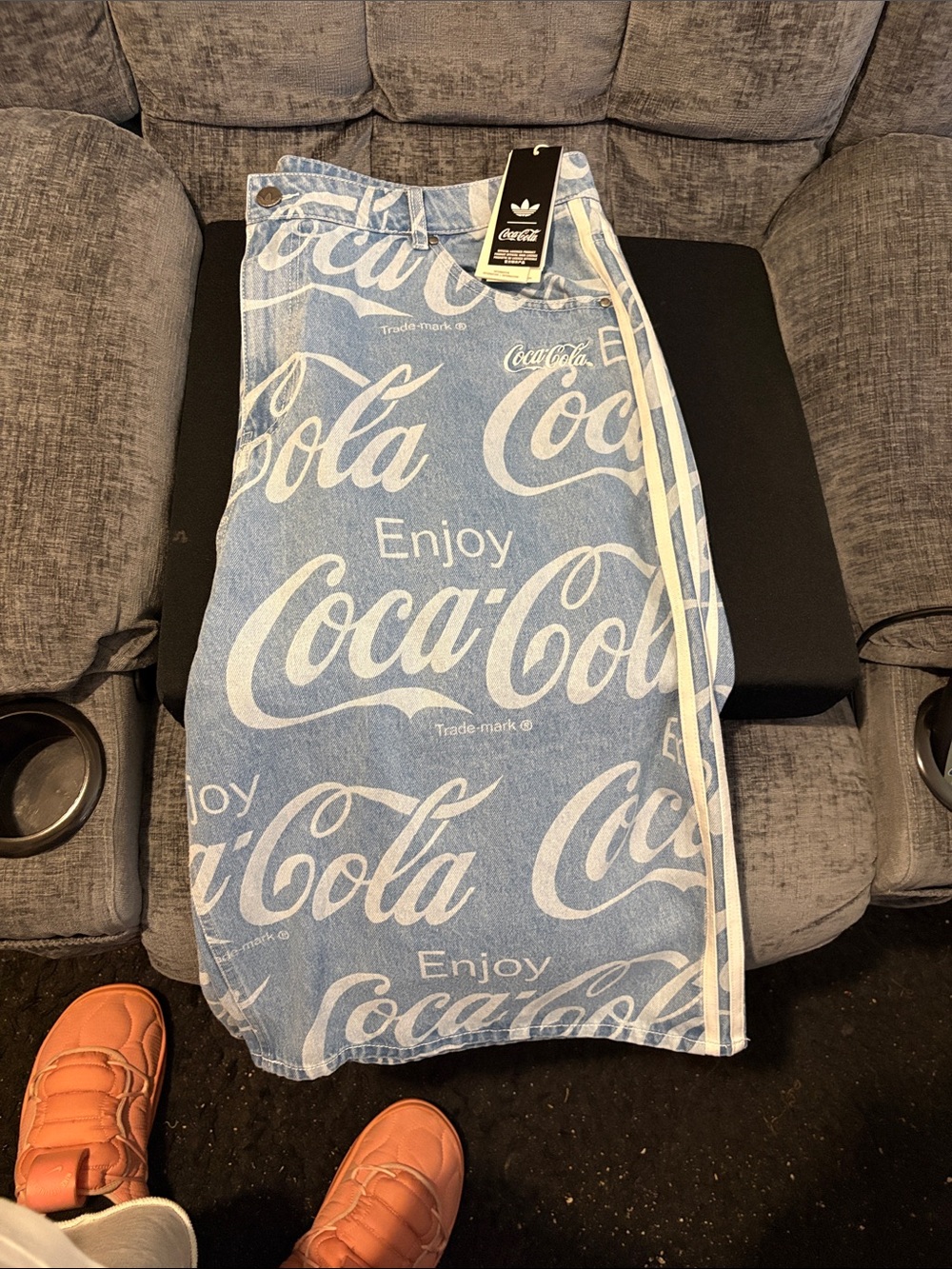Adidas,Coca-Cola Light Blue & White Logo Denim Jorts, Brand new,cut small - Picture 6 of 6